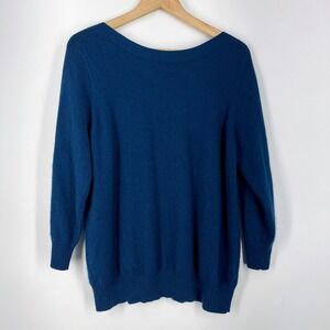 Lusso Cashmere Boat Neck Sweater Teal Blue 3/4 Sleeve Relaxed Fit Knit Womens XL